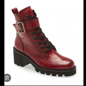 Paul Green Red Leather Combat Boots Lug Sole Buckle Lace Up Size 6.5